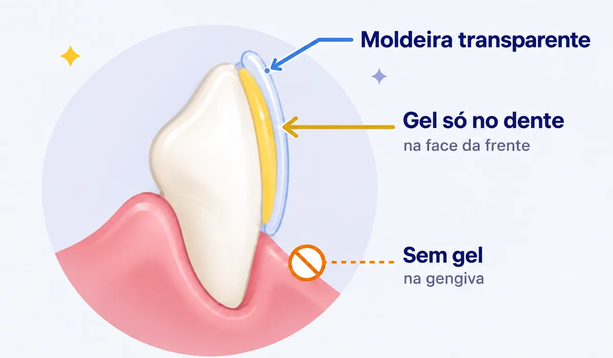 Corte lateral de um dente com uma moldeira transparente sobre a face da frente. O gel amarelo fica só entre a moldeira e o dente, e um sinal de proibido marca a gengiva, que fica sem gel.