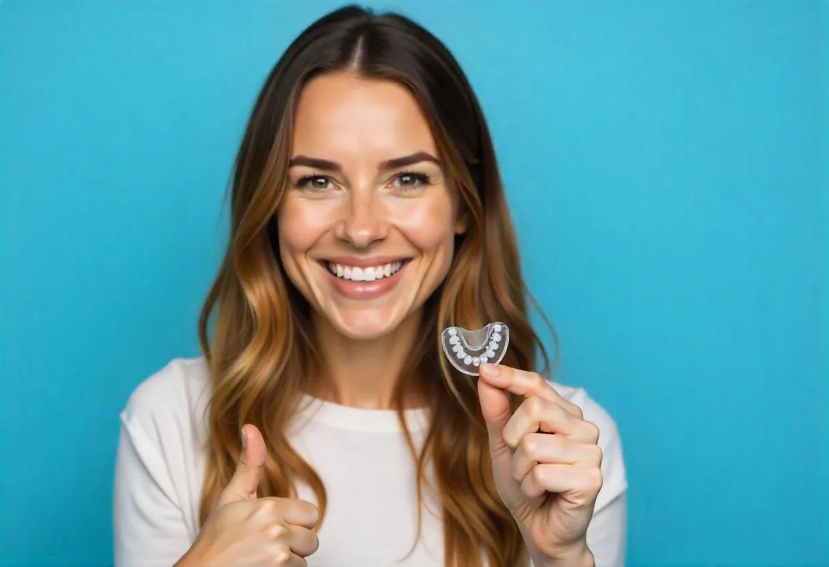 Mulher sorridente segurando uma moldeira para clareamento dental diante de fundo azul — acessório essencial para aplicação de gel clareador nos dentes em tratamentos caseiros.