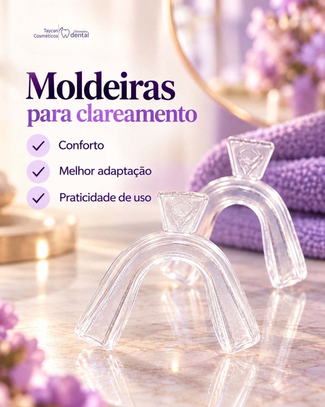 Post do Instagram: Mais conforto e praticidade para a sua rotina de clareamento. 💜 As moldeiras ajudam na aplicação do gel clareador, cont