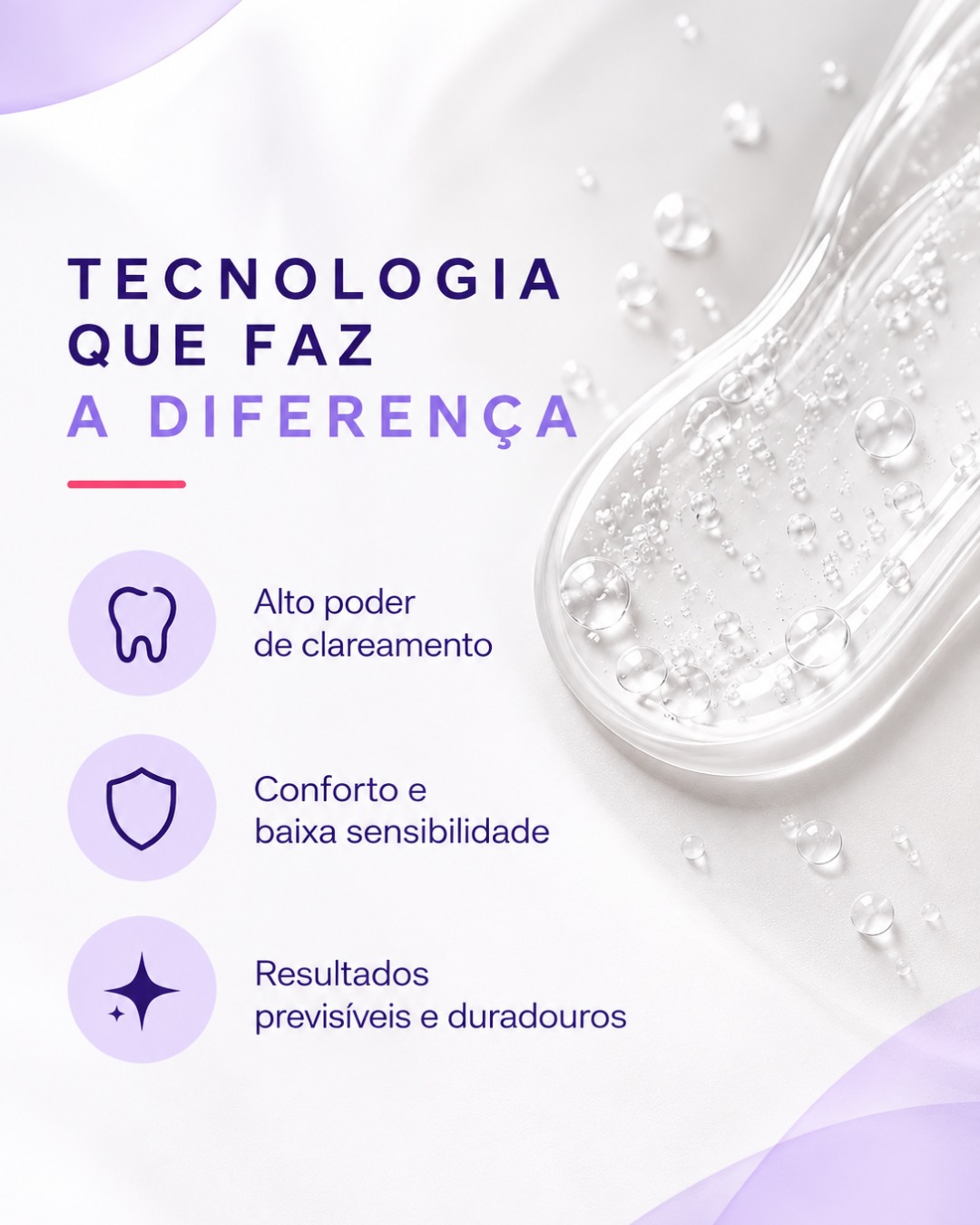 Post do Instagram: Tecnologia pensada para cuidar do sorriso com mais confiança. 💜 Os clareadores FGM são desenvolvidos com tecnologia vol
