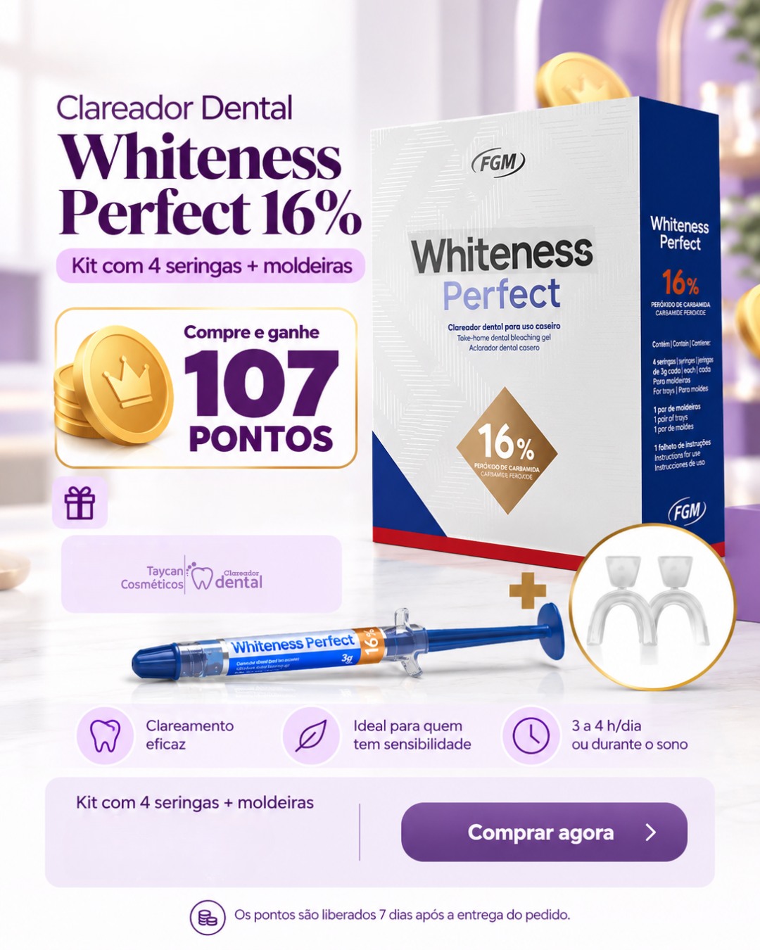 Post do Instagram: Seu clareamento também pode render benefícios. 💜 O Whiteness Perfect 16% é uma opção de clareamento dental de uso casei