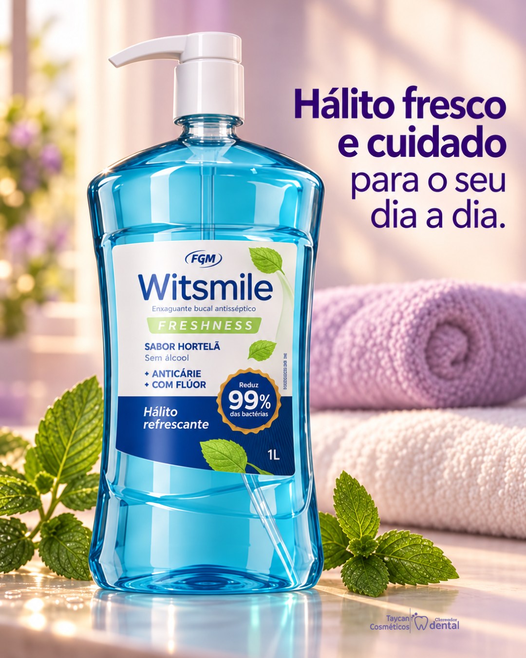 Post do Instagram: Frescor que faz parte do seu dia. O Witsmile Freshness ajuda a complementar a higiene bucal com mais praticidade, deixan