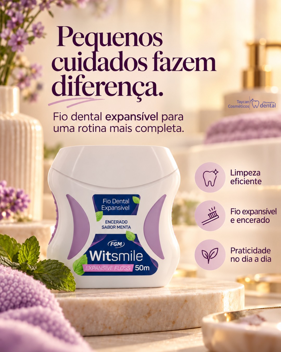 Post do Instagram: Pequenos cuidados fazem diferença na rotina. 💜 O fio dental é um complemento importante da higiene bucal, ajudando a al