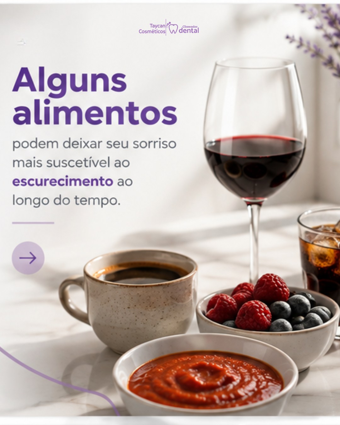Post do Instagram: ☕🍷 Você sabia que alguns alimentos e bebidas podem influenciar a aparência do seu sorriso ao longo do tempo? Café, vinh