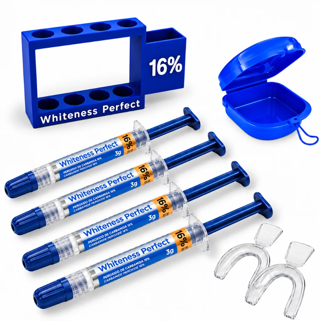 Clareador Dental Whiteness Perfect 16% FGM – 4 seringas + 1 par de moldeiras