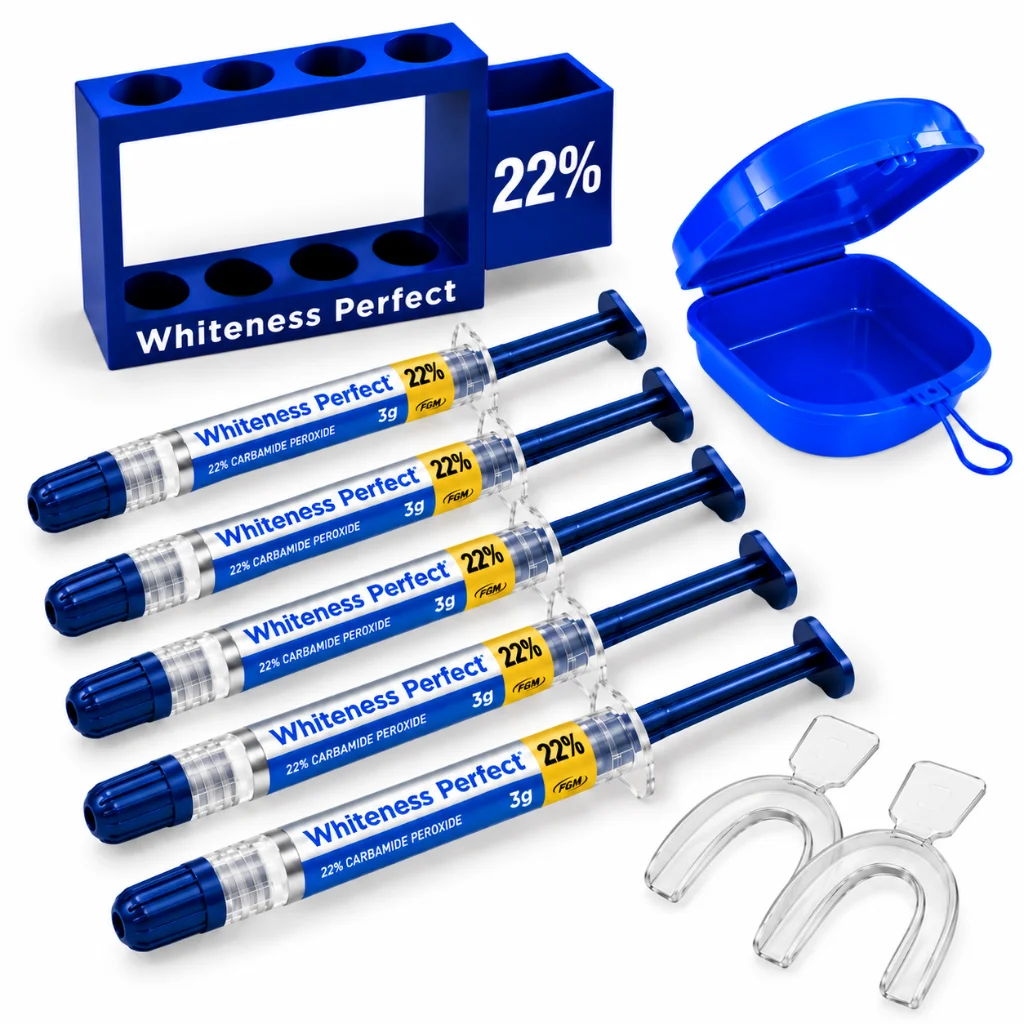 Clareador Dental Whiteness Perfect 22% FGM – 5 seringas + 1 par de moldeiras
